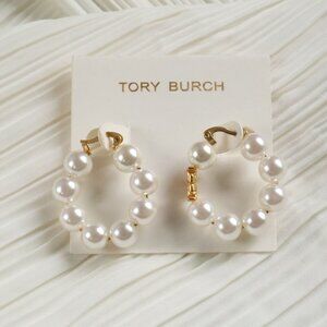Tory Burch Kira Pearl Gold Hoop Earrings